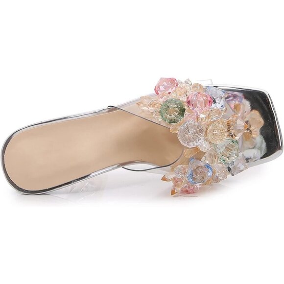 Elegant Women Crystal Flower Silver Heels Square Toe Stiletto Mule Dress Sandals - Picture 6 of 7